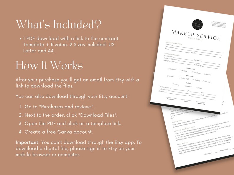 May include: A white and black printable contract template for makeup services. The template includes sections for client information, service details, and pricing. The text "MAKEUP SERVICE CONTRACT" is at the top of the page.