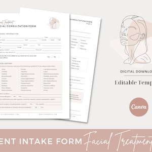 Formulário de consulta facial - modelo de formulário de esteticista editável, formulário de consentimento para cuidados com a pele, formulário de salão de beleza, formulário de ingestão facial, formulário de spa