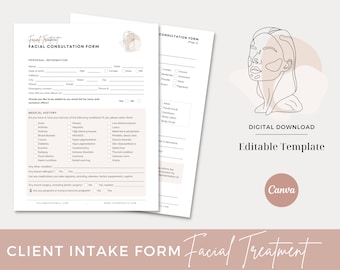 Facial Consultation Form - Editable Esthetician Form Template, Skincare Consent Form, Beauty Salon Form, Facial Intake Form, Spa Form