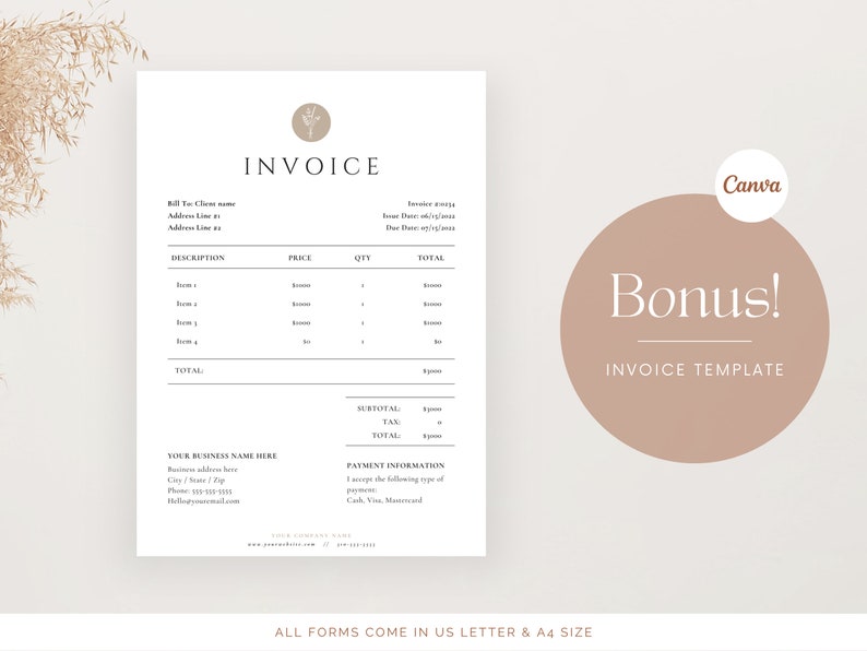 May include: A minimalist invoice template in a beige color scheme with a floral design. The template includes sections for billing information, description, price, quantity, total, subtotal, tax, and payment information. The text "Bonus! Invoice Template" is displayed in a circle on the right side of the image.