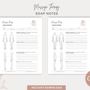 Op de afbeelding: Afdrukbare SOAP-notitietemplate voor massagetherapie. De sjabloon bevat secties voor subjectieve symptomen, objectieve bevindingen, beoordelingsdoelen en plan. De sjabloon is ontworpen voor zowel mannelijke als vrouwelijke klanten.