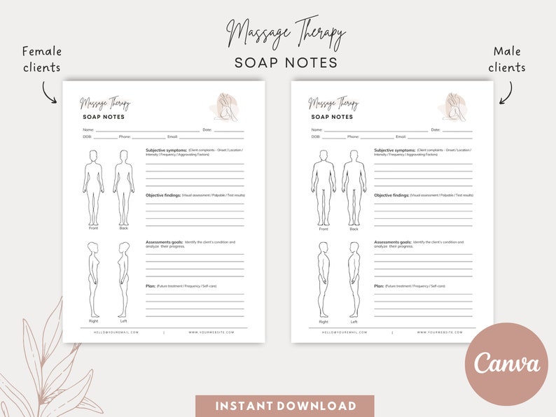 Op de afbeelding: Afdrukbare SOAP-notitietemplate voor massagetherapie. De sjabloon bevat secties voor subjectieve symptomen, objectieve bevindingen, beoordelingsdoelen en plan. De sjabloon is ontworpen voor zowel mannelijke als vrouwelijke klanten.
