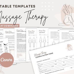 Op de afbeelding: Bewerkbare sjablonen voor massagetherapie, inclusief toestemmingsformulieren van klanten, afsprakenrichtlijnen, nazorgadvies en zeepnotities. De sjablonen zijn ontworpen voor gebruik met Canva.