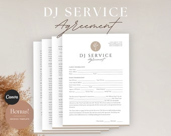 DJ Service Contract - Editable DJ Agreement, Wedding Dj Contract, Disc Jockey Event Service Agreement, DJ Business Contract, Canva Template