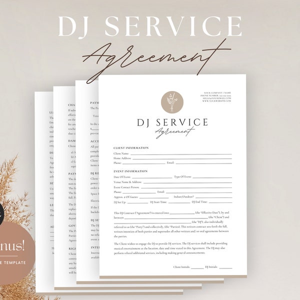 DJ Service Contract - Editable DJ Agreement, Wedding Dj Contract, Disc Jockey Event Service Agreement, DJ Business Contract, Canva Template