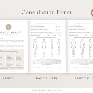 May include: A three-page consultation form for massage therapy. The form includes client information, medical history, and a diagram of the body for clients to indicate areas of concern. The form is titled "Massage Therapy Consultation Form".