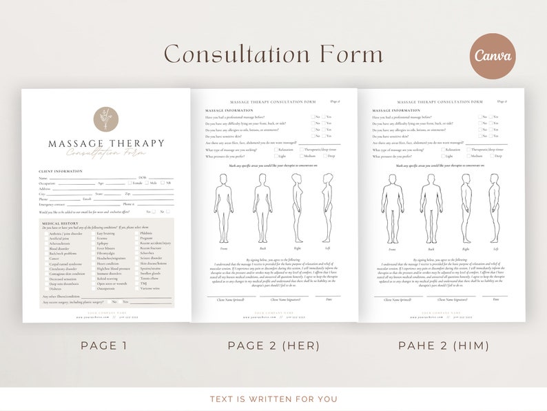 May include: A three-page consultation form for massage therapy. The form includes client information, medical history, and a diagram of the body for clients to indicate areas of concern. The form is titled "Massage Therapy Consultation Form".