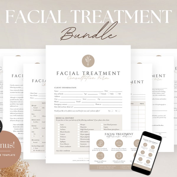 Formulaires de traitement du visage - Modèles d'esthéticienne modifiables, Formulaires de consentement imprimables pour les soins de la peau, Formulaires de salon de beauté, Formulaire de consultation faciale