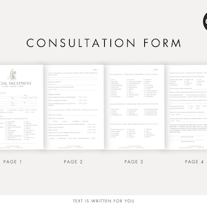 May include: A four-page consultation form for facial treatments. The form includes sections for client information, medical history, skin concerns, skin type, skin care routine, and desired outcome.