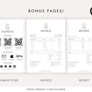 May include: A digital product template for a payment flyer, invoice, and receipt. The template features a minimalist design with a line drawing of a woman in the corner of each page. The payment flyer includes QR codes for Venmo, Cash App, and PayPal, as well as icons for cash, credit card, Apple Pay, and Google Pay. The invoice and receipt templates include sections for item descriptions, prices, quantities, and totals.