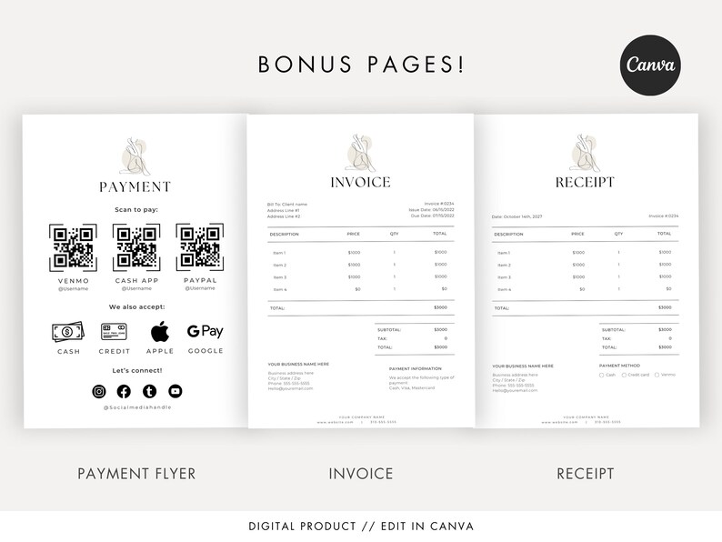 May include: A digital product template for a payment flyer, invoice, and receipt. The template features a minimalist design with a line drawing of a woman in the corner of each page. The payment flyer includes QR codes for Venmo, Cash App, and PayPal, as well as icons for cash, credit card, Apple Pay, and Google Pay. The invoice and receipt templates include sections for item descriptions, prices, quantities, and totals.