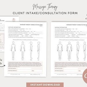Op de afbeelding: Een zwart-wit printbaar intakeformulier voor massagetherapie. Het formulier bevat secties voor persoonlijke informatie, massage-informatie en een handtekening van de klant. Het formulier is ontworpen voor zowel mannelijke als vrouwelijke klanten.