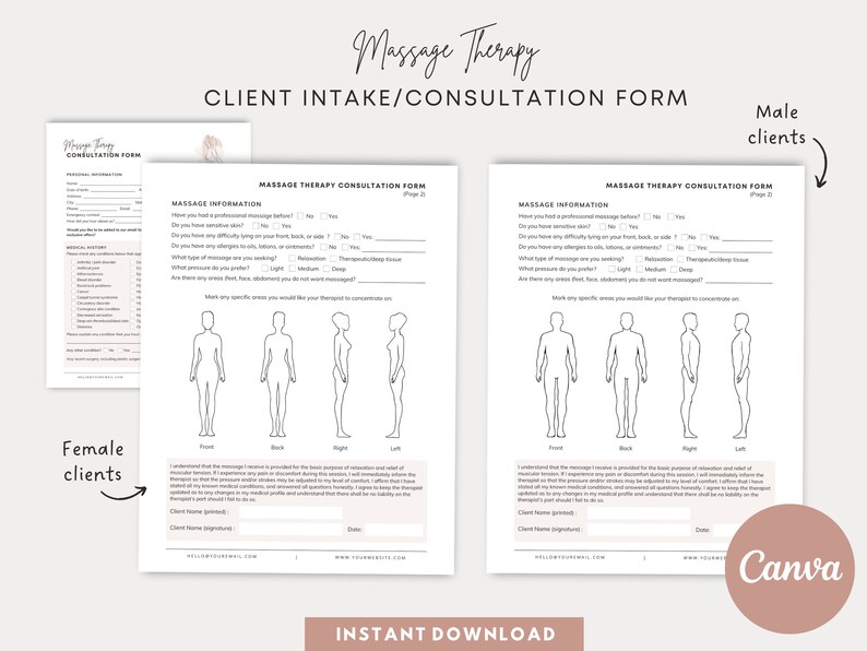 Op de afbeelding: Een zwart-wit printbaar intakeformulier voor massagetherapie. Het formulier bevat secties voor persoonlijke informatie, massage-informatie en een handtekening van de klant. Het formulier is ontworpen voor zowel mannelijke als vrouwelijke klanten.