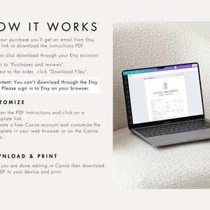 May include: A laptop computer displaying a printable facial treatment form template on the screen. The form is titled "Facial Treatment" and includes fields for client information, services, and payment. The laptop is sitting on a white fluffy surface.