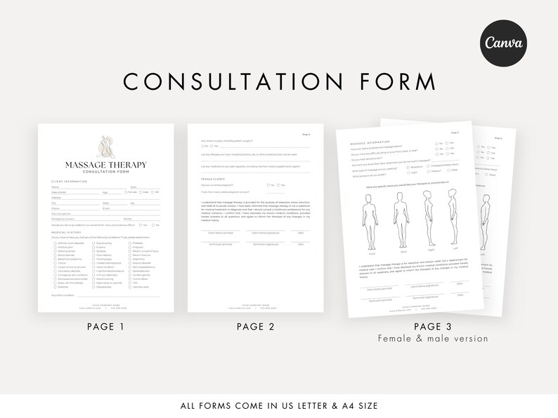 Formulieren voor massagetherapie - Toestemming voor massage, Massageconsult, Intakeformulieren voor massage, Sjablonen voor schoonheidsspecialiste, Lymfatische massage, SOAP-notities afbeelding 4