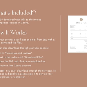 May include: A digital download of an invoice template for Canva. The template is designed with a minimalist aesthetic and features a simple, clean layout. The text "INVOICE" is displayed in a bold font at the top of the template.