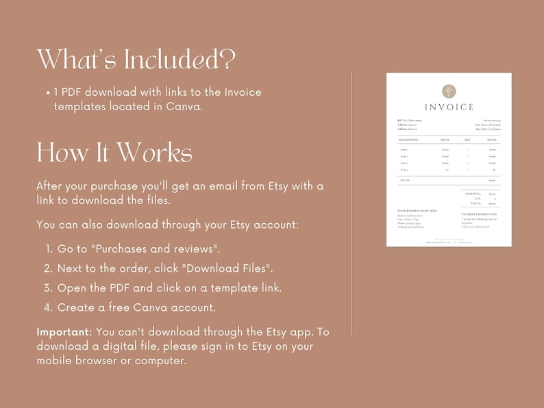 May include: A digital download of an invoice template for Canva. The template is designed with a minimalist aesthetic and features a simple, clean layout. The text "INVOICE" is displayed in a bold font at the top of the template.