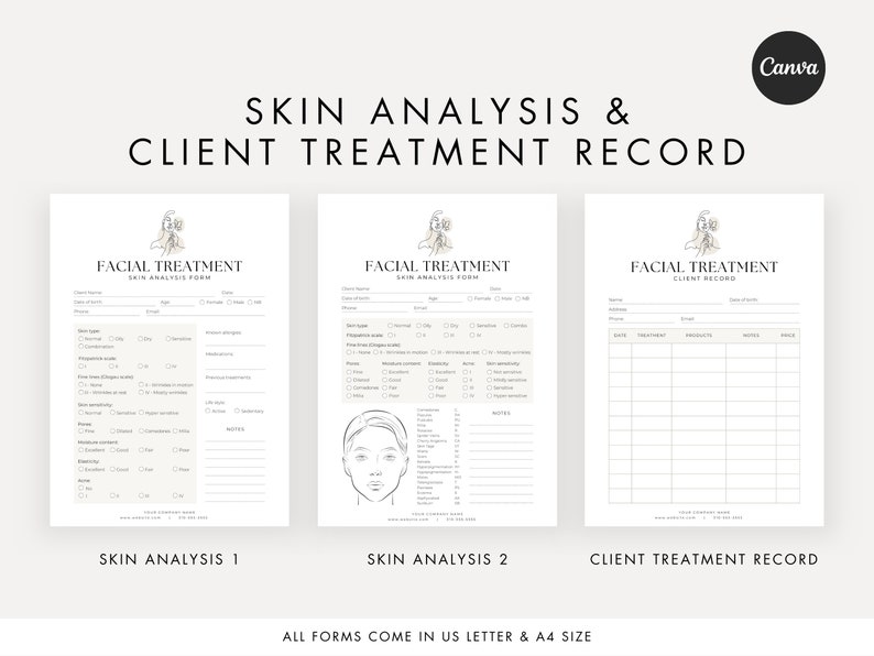 May include: Three printable forms for facial treatments. The forms are titled "Facial Treatment Skin Analysis Form", "Facial Treatment Skin Analysis Form", and "Facial Treatment Client Record". The forms are designed for use in a beauty salon or spa.
