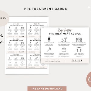 May include: Printable pre-treatment advice cards for body sculpting. The cards feature black and white icons and text, including instructions to drink water, avoid caffeine, and wear loose-fitting clothes. The cards are designed to be printed and cut out.