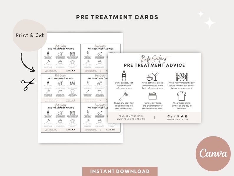 May include: Printable pre-treatment advice cards for body sculpting. The cards feature black and white icons and text, including instructions to drink water, avoid caffeine, and wear loose-fitting clothes. The cards are designed to be printed and cut out.