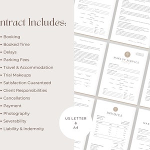May include: A contract template for makeup services, with a list of items included in the contract, such as booking, travel, and payment. The contract is available in US Letter and A4 sizes.