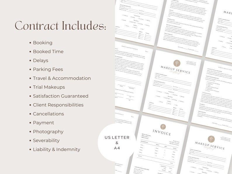 May include: A contract template for makeup services, with a list of items included in the contract, such as booking, travel, and payment. The contract is available in US Letter and A4 sizes.