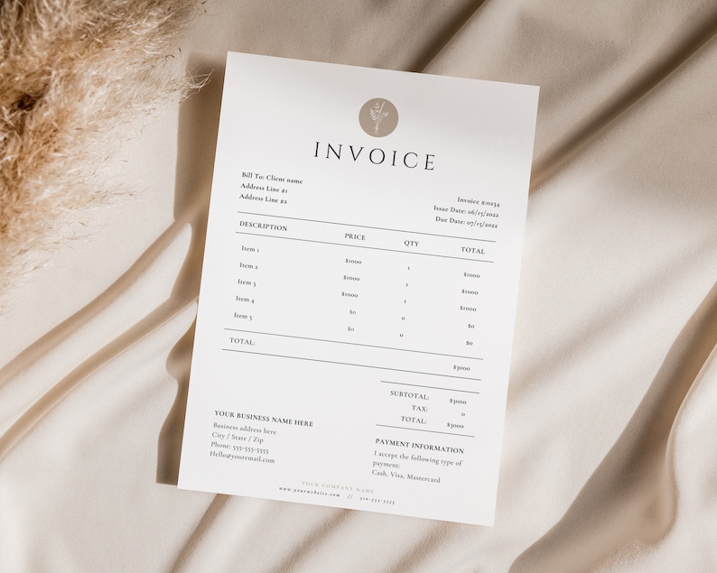 May include: A minimalist invoice template featuring a floral design. The invoice includes sections for billing information, description, price, quantity, total, subtotal, tax, and payment information. The invoice is printed on white paper.