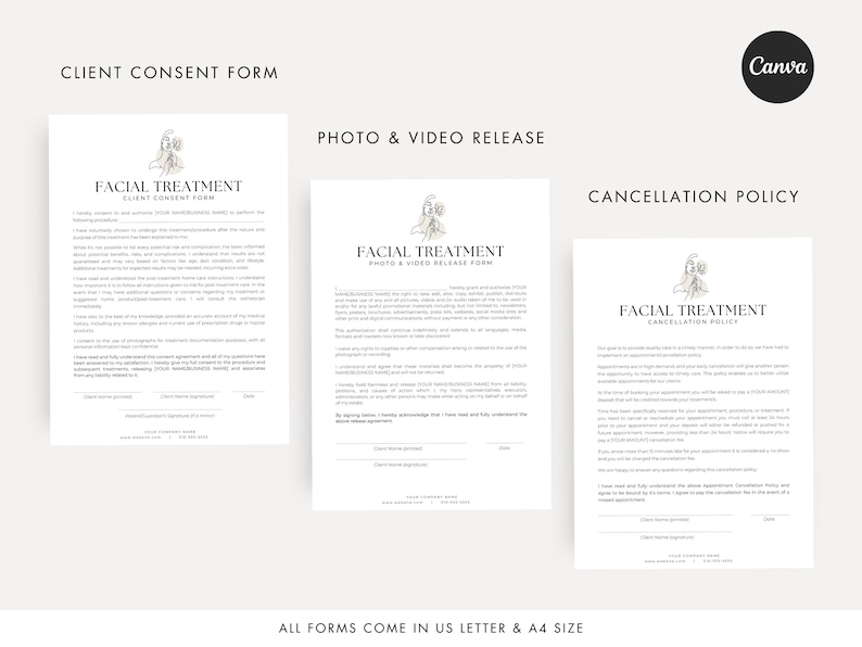 May include: Three printable forms for a facial treatment business. The forms are titled "Client Consent Form", "Photo & Video Release", and "Cancellation Policy". Each form features a floral illustration and the text "Facial Treatment".