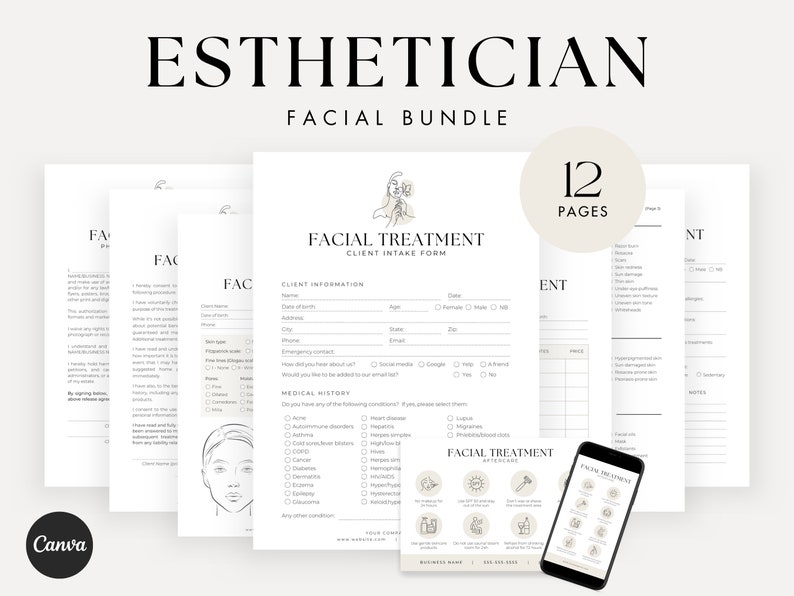 May include: A 12-page printable facial treatment client intake form bundle for estheticians. The form includes sections for client information, medical history, and aftercare instructions. The form is designed with a minimalist aesthetic and features a line drawing of a woman's face.