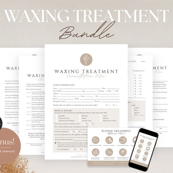 Waxing Treatment Forms - Editable Esthetician Forms Bundle, Waxing Consent Forms, Waxing Consultation, Spa forms, Skincare Forms, Aftercare