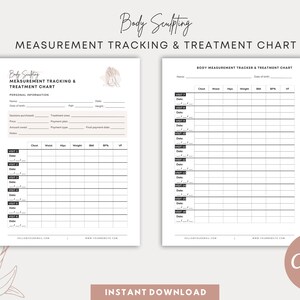 May include: Printable body sculpting measurement tracking and treatment chart with a light brown background and a watercolor illustration of a woman's body. The chart includes sections for personal information, treatment plan, and measurements for chest, waist, hips, weight, BMI, BFP, and VF. The chart is designed to track progress over time.