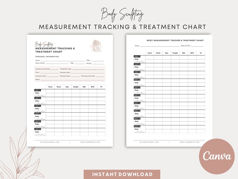 May include: Printable body sculpting measurement tracking and treatment chart with a light brown background and a watercolor illustration of a woman's body. The chart includes sections for personal information, treatment plan, and measurements for chest, waist, hips, weight, BMI, BFP, and VF. The chart is designed to track progress over time.