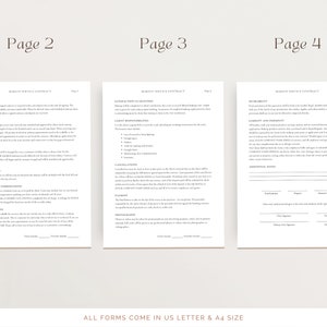 May include: A three-page makeup service contract template with headings for Booking, Instruction Committed, and Liability and Indemnity. The contract includes sections for client responsibilities, cancellation, payment, photography, and additional notes. The contract is designed for makeup artists and includes space for client and artist signatures.