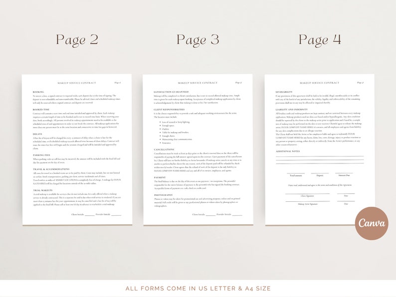 May include: A three-page makeup service contract template with headings for Booking, Instruction Committed, and Liability and Indemnity. The contract includes sections for client responsibilities, cancellation, payment, photography, and additional notes. The contract is designed for makeup artists and includes space for client and artist signatures.