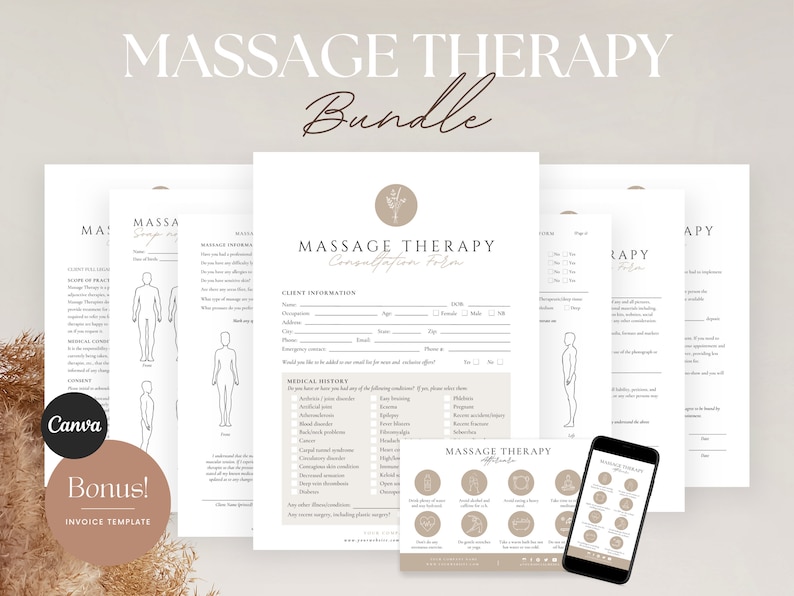 May include: A set of printable forms for massage therapy businesses. The forms include a consultation form, a client intake form, and an invoice template. The forms are designed in a minimalist style with a brown and white color scheme.