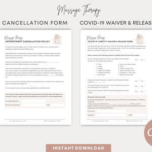 Op de afbeelding: Een afdrukbaar PDF-document met twee formulieren, een voor het annuleren van afspraken en een voor een COVID-19-verklaring en vrijgave. De formulieren zijn ontworpen voor een massagetherapiebedrijf en bevatten tekstvelden voor de handtekeningen van klanten en data.