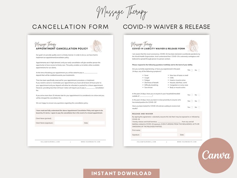 Op de afbeelding: Een afdrukbaar PDF-document met twee formulieren, een voor het annuleren van afspraken en een voor een COVID-19-verklaring en vrijgave. De formulieren zijn ontworpen voor een massagetherapiebedrijf en bevatten tekstvelden voor de handtekeningen van klanten en data.