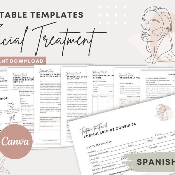 SPANISH (ESPAÑOL) - Facial Treatment Forms - Editable Esthetician Templates, SPA Consent Forms, Beauty Salon Forms, Esthetician Intake Forms