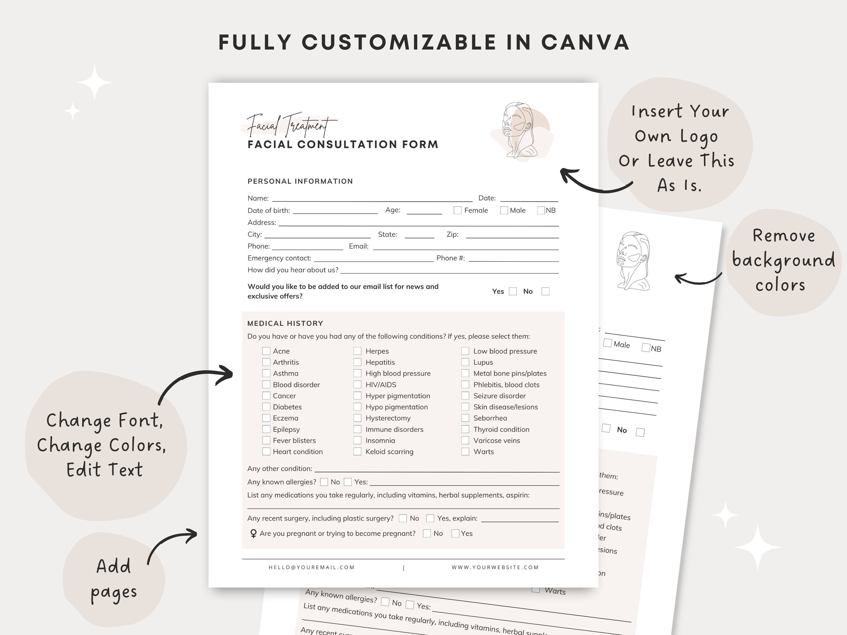 Facial Consultation Form - Editable Esthetician Form Template, Skincare ...