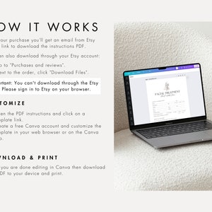 May include: A laptop computer displaying a printable facial treatment form on the screen. The form is titled "Facial Treatment" and includes fields for client information, treatment details, and notes. The laptop is sitting on a white fluffy surface.