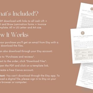 May include: A digital download of printable forms for lash lift, tint, and brow lamination services. The forms include client information, service details, and consent sections. The forms are available in US Letter and A4 sizes.