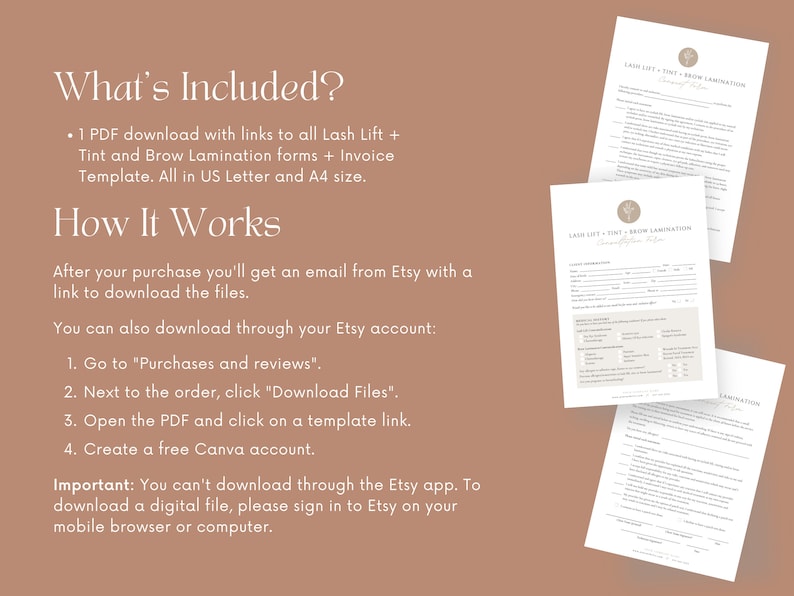 May include: A digital download of printable forms for lash lift, tint, and brow lamination services. The forms include client information, service details, and consent sections. The forms are available in US Letter and A4 sizes.