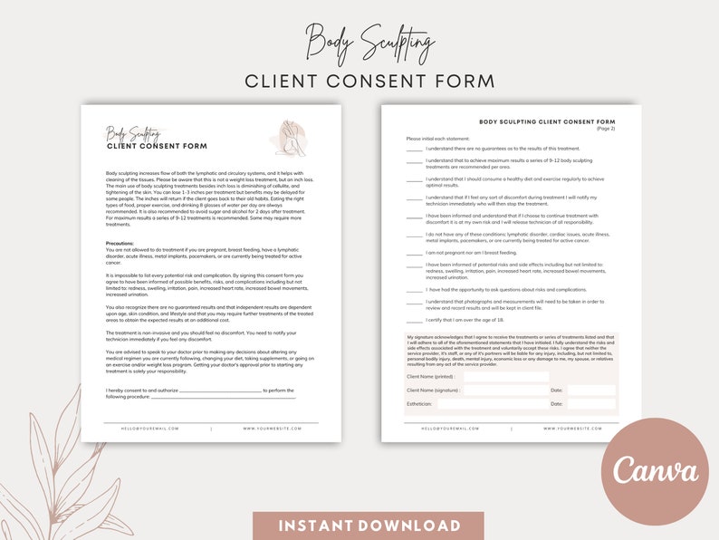 May include: A printable client consent form for body sculpting treatments. The form includes a disclaimer about the risks and benefits of the treatment, as well as a section for the client to sign and date.