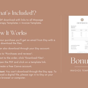 May include: A digital download of printable massage therapy templates and an invoice template. The image shows a sample invoice template with the word "Bonus!" in a large font. The text explains how to download the files after purchase.