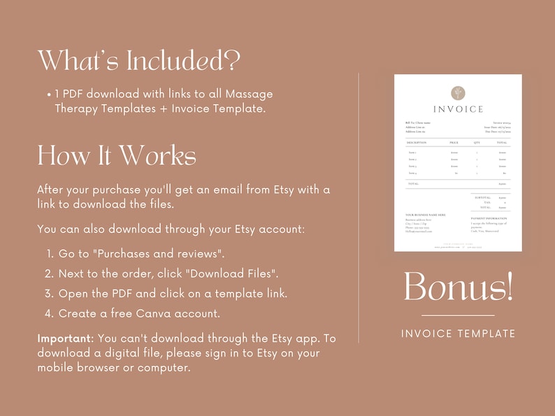 May include: A digital download of printable massage therapy templates and an invoice template. The image shows a sample invoice template with the word "Bonus!" in a large font. The text explains how to download the files after purchase.