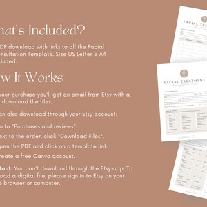 May include: A digital download of a printable facial treatment consultation form. The form is designed for use by estheticians and beauty professionals. The form includes sections for client information, allergies, skin concerns, and treatment preferences. The form is available in US Letter and A4 sizes.