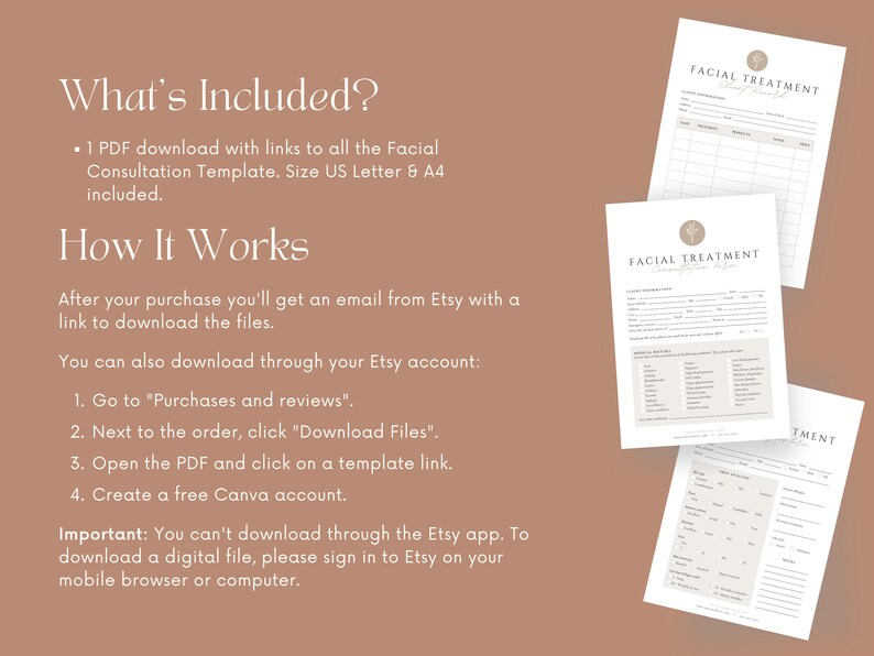 May include: A digital download of a printable facial treatment consultation form. The form is designed for use by estheticians and beauty professionals. The form includes sections for client information, allergies, skin concerns, and treatment preferences. The form is available in US Letter and A4 sizes.
