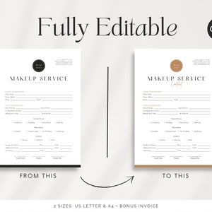 May include: Two versions of a makeup service contract template. The left version has a black and white color scheme with a black circle logo. The right version has a brown and white color scheme with a brown circle logo. Both versions have the text "MAKEUP SERVICE CONTRACT" at the top.