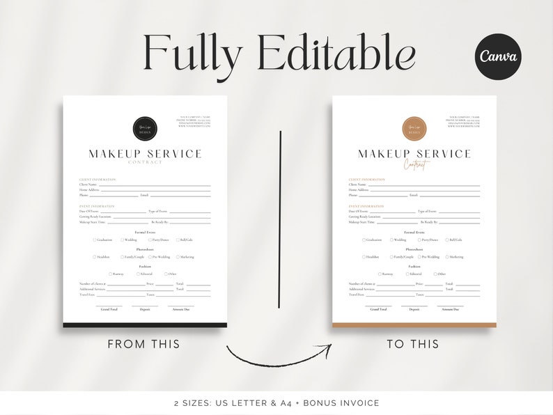 May include: Two versions of a makeup service contract template. The left version has a black and white color scheme with a black circle logo. The right version has a brown and white color scheme with a brown circle logo. Both versions have the text "MAKEUP SERVICE CONTRACT" at the top.