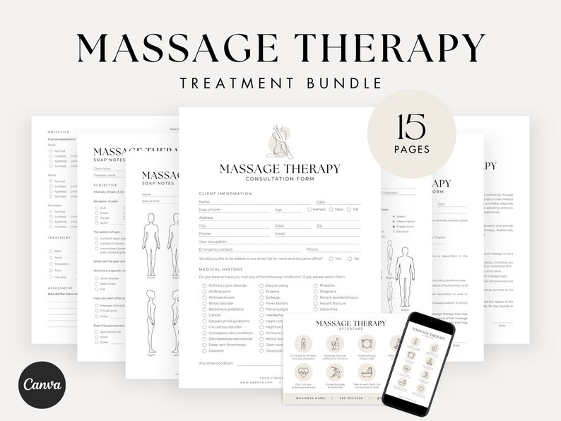 Formulieren voor massagetherapie - Toestemming voor massage, Massageconsult, Intakeformulieren voor massage, Sjablonen voor schoonheidsspecialiste, Lymfatische massage, SOAP-notities afbeelding 1